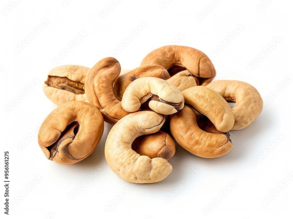 Close-up of handful of cashew nuts isolated on white background. Generated by AI. Close-up of handful of cashew nuts isolated on white background. Generated by AI.