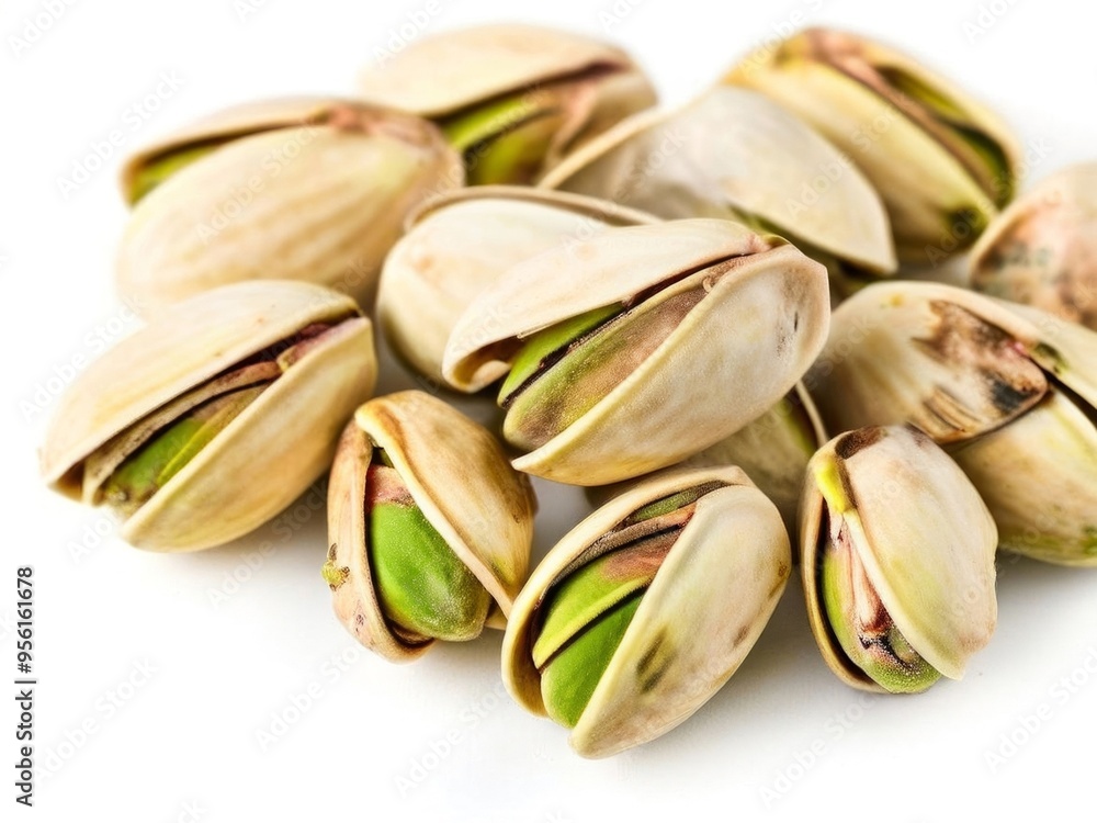 Close-up of handful of pistachios isolated on white background. Generated by AI. Close-up of handful of pistachios isolated on white background. Generated by AI.