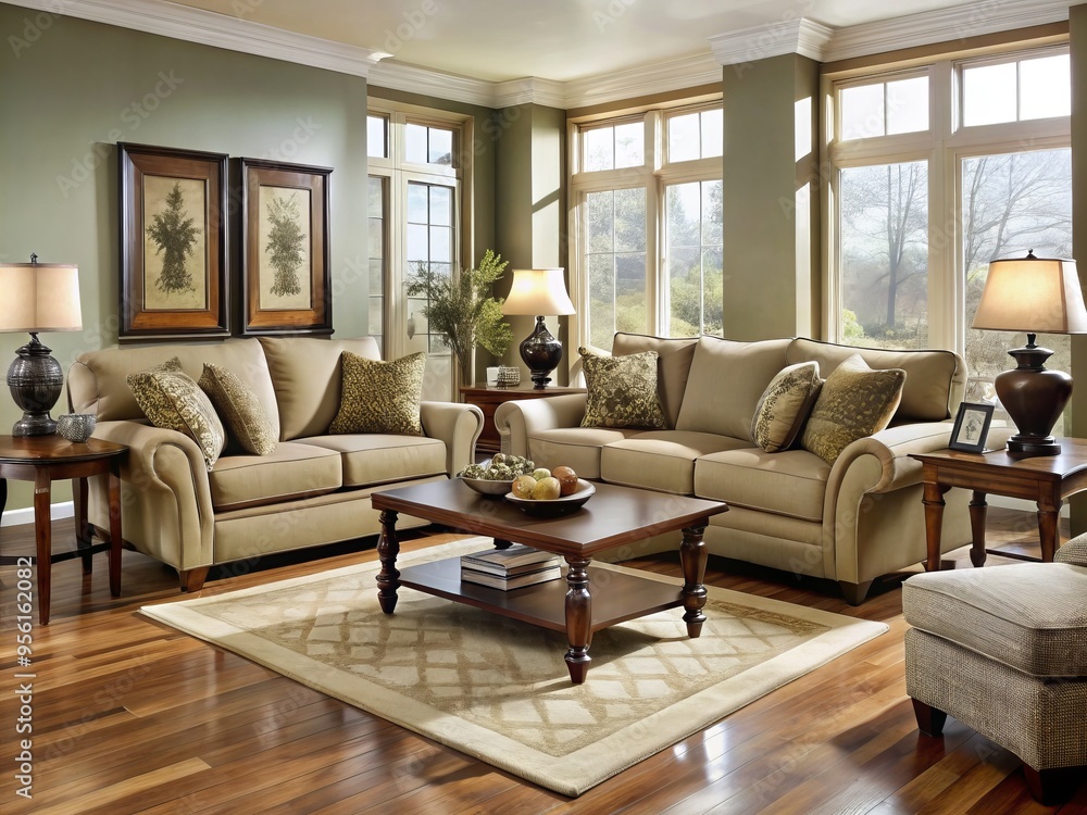 This stylish living room ensemble combines plush seating with subtle accent pieces, fostering a warm and refined space This stylish living room ensemble combines plush seating with subtle accent pieces, fostering a warm and refined space