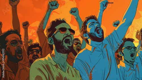 A Crowd of Men Celebrating With Raised Fists