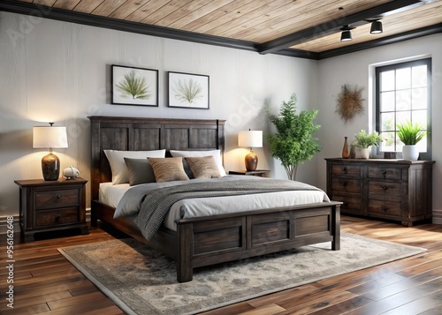 Traditional Rustic Elegance: A black wooden bed frame, nightstands, and matching headboard ground the space against a