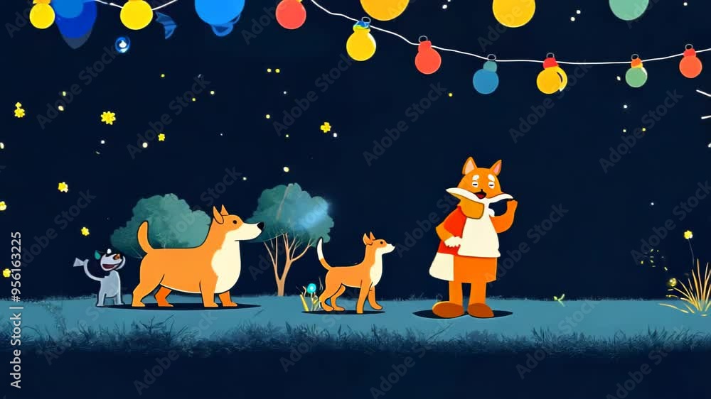 Figures and pets gather under colorful string lights at night. Large hand adjusts a glowing bulb. Warm atmosphere created by soft illumination against dark backdrop. Figures and pets gather under colorful string lights at night. Large hand adjusts a glowing bulb. Warm atmosphere created by soft illumination against dark backdrop.