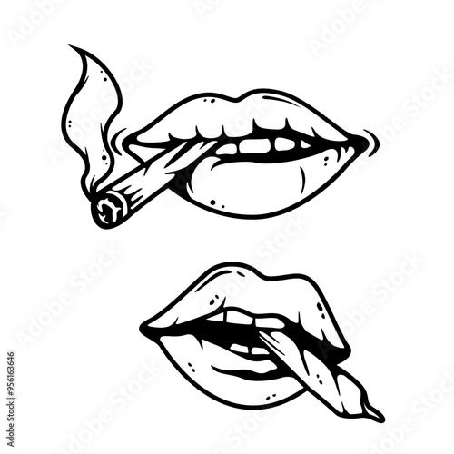 Lip Weed | 420 | Rolling Blunt | Marijuana | Addiction | Cannabis Lips | Smoking Lips | Smoking Joint | Original Illustration | Vector and Clipart | Cutfile and Stencil