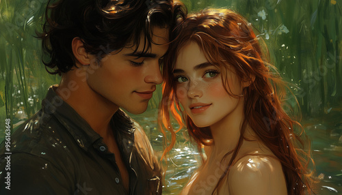 Couple in love in the forest. fantasy