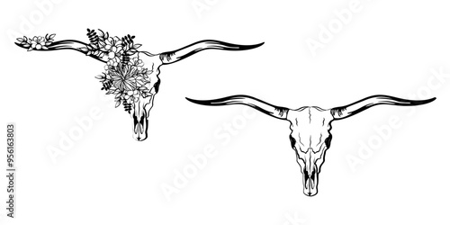 Long Horn Cow | Skull Cow Head | Floral Cow Head | 2 Skull Cow Head | Bull | Long Horn Head Skull | Cow | Relationship Goal | Original Illustration | Vector and Clipart | Cutfile and Stencil