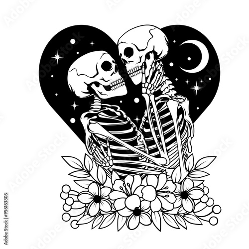 Floral Skull Lover | Lover Skeleton | Lover | Skull Love with Flowers | Couple Skull | Dead Romance | Till Death | Relationship Goal | Original Illustration | Vector and Clipart | Cutfile and Stencil