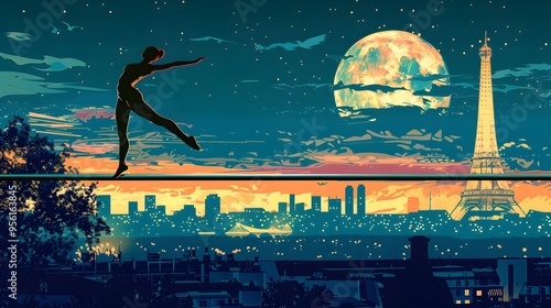 A gymnast on the balance beam, with the Eiffel Tower visible, depicted in modern vector graphics.