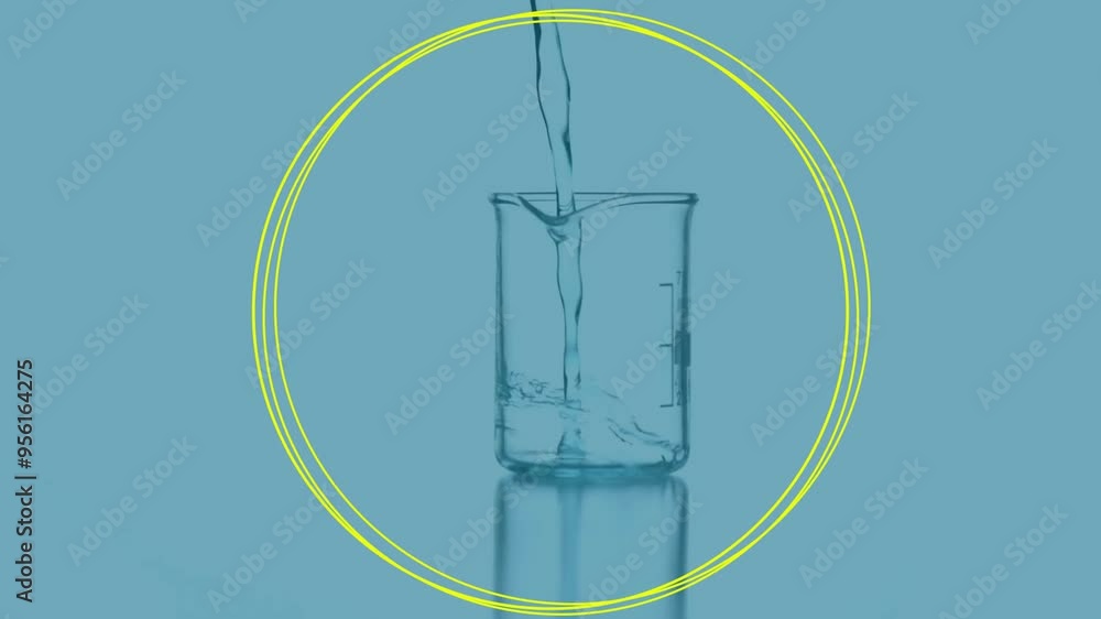 Pouring water into beaker, yellow concentric circles animation over blue background Pouring water into beaker, yellow concentric circles animation over blue background