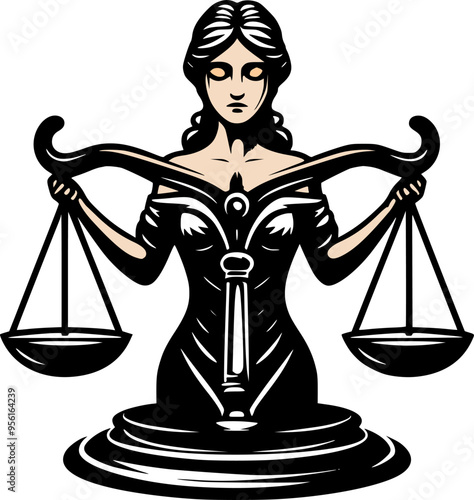 Balance scales of justice and law isolated vector icons. Black symbols of legal court, lawyer and judge with retro weight balances with vintage decorative stands, scale.eps