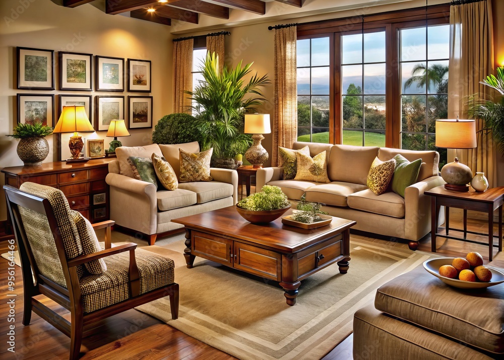 Fototapeta premium Warmly appointed living room featuring tastefully arranged furniture, exuding elegance through the thoughtful