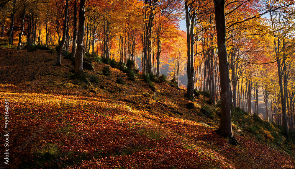 Obraz premium 紅葉の景色に連なる山々。見晴らしの良い紅葉の森の全景。A series of mountains in a landscape of autumn leaves. A panoramic view of the autumn leaves forest.