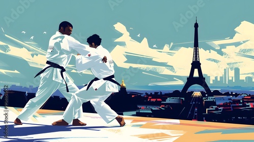 A judo practitioner throwing an opponent, with the Eiffel Tower in the background, rendered in minimalist vector style.