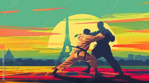 A judo practitioner throwing an opponent, with the Eiffel Tower in the background, rendered in minimalist vector style.