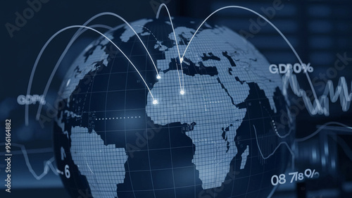 Digital globe with data connections representing global communication and technology. World map with data points and financial graphs. photo