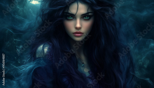 Portrait of a beautiful brunette with blue eyes. fantasy