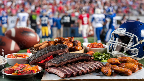 Delicious barbecue spread with ribs and wings at a football game. Perfect for game day tailgating and football parties.