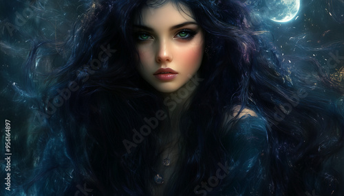 Portrait of a beautiful brunette with blue eyes. fantasy