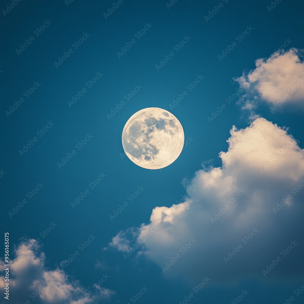 A full moon shines brightly in a deep blue sky, partially obscured by white fluffy clouds. A full moon shines brightly in a deep blue sky, partially obscured by white fluffy clouds.