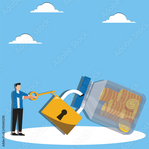 Man with key near jar of coins with keyhole