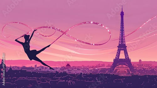 A rhythmic gymnast twirling a ribbon, with the Eiffel Tower visible, captured in sharp vector art.