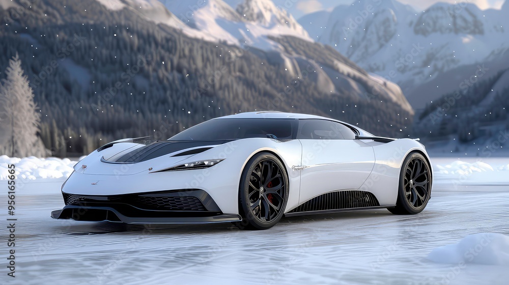 Naklejka premium White sports car parked on snowy ground with mountains in the background.