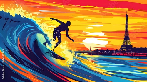 A surfer catching a wave, with a stylized Paris landscape in the distance, illustrated in vibrant vector style.