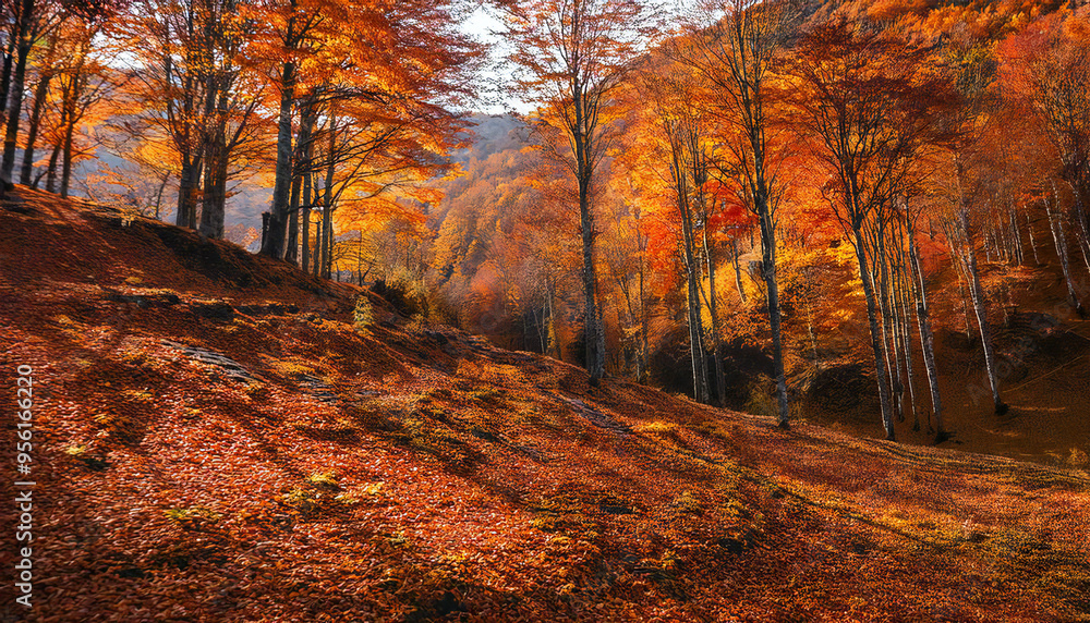 Fototapeta premium A series of mountains in a landscape of autumn leaves. A panoramic view of the autumn leaves forest.