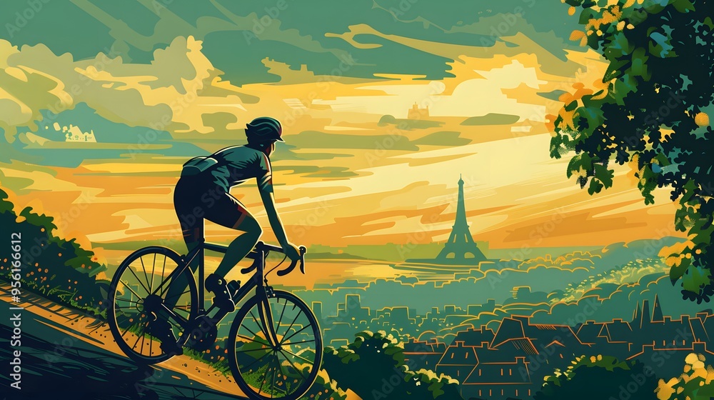 Obraz premium A cyclist climbing a hill near Paris, depicted in sharp vector graphics.