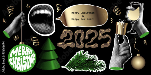 New year, Christmas celebration. Set of halftone hands holding drinks, decoration, gift box. Retro halftone smiling mouth, Christmas tree, branch. Halftone 2025 lettering. Modern newspaper collage