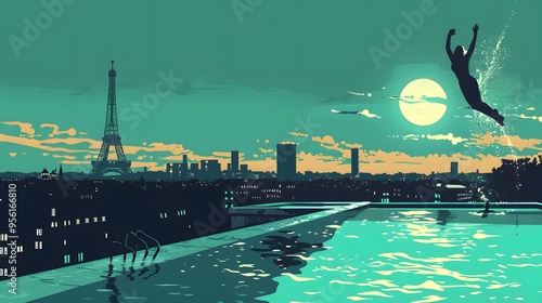A swimmer diving into a pool, with a Paris skyline, rendered in sleek vector design.