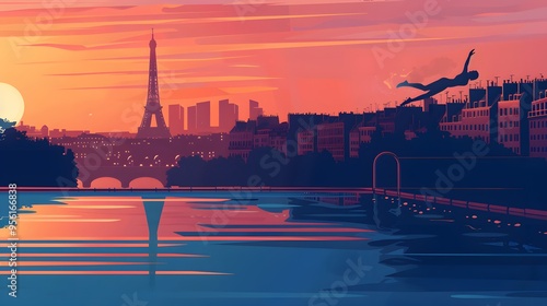 A swimmer diving into a pool, with a Paris skyline, rendered in sleek vector design.