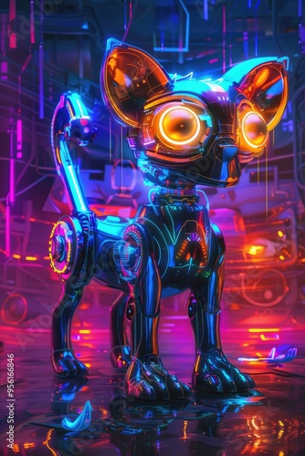 Cybernetic Cat in Neon Cityscape