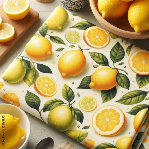 157 36 Lemon print oilcloth Oilcloth featuring fresh and citrusy photo