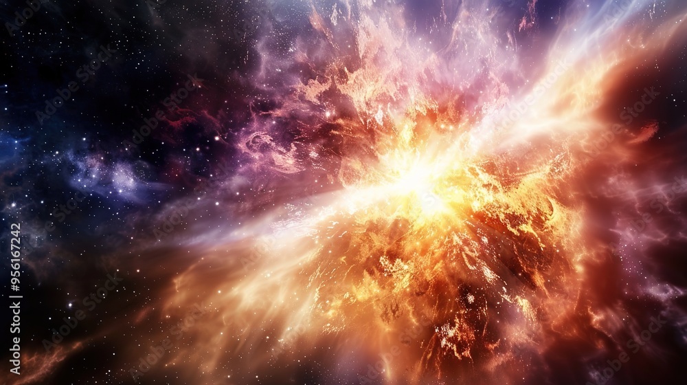 Obraz premium Big Bang colorful space galaxy fog cloud nebula. Universe science astronomy and stary night cosmos mockup background. Supernova concept wallpaper
