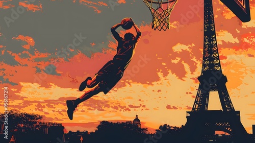 A basketball player dunking, with a Parisian stadium backdrop, illustrated in minimalist vector style.