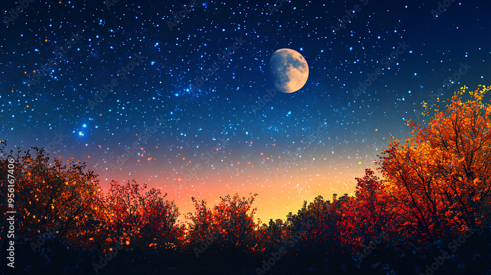 Silhouette of leaves and starry night sky with full moon suitable for background Silhouette of leaves and starry night sky with full moon suitable for background