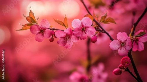 Cherry blossoms in full bloom against pink sky 