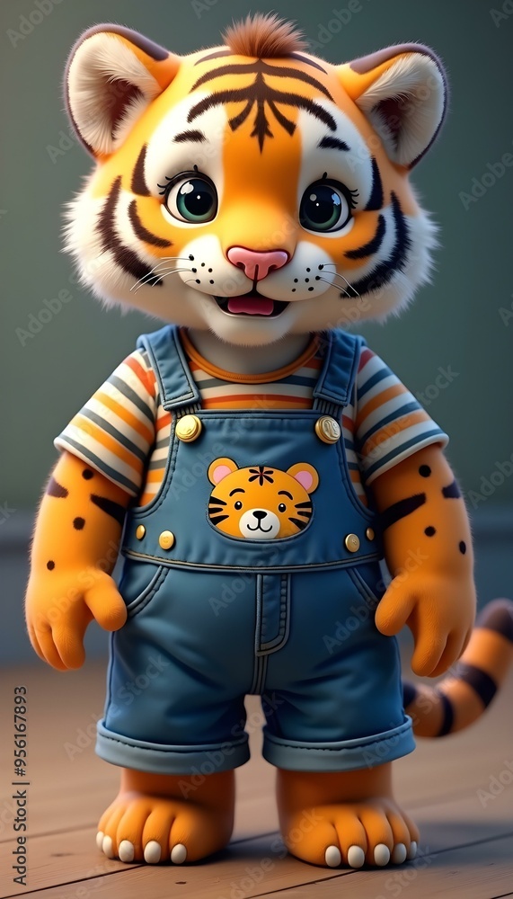 A cute tiger, wear denim overalls A cute tiger, wear denim overalls
