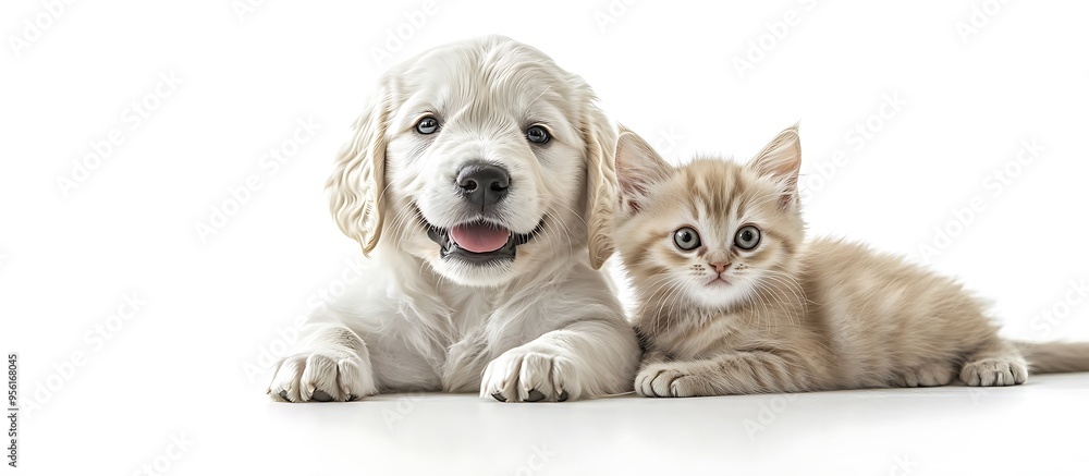 Obraz premium Adorable white golden retriever puppy and a beige kitten, full-body portrait with smiling faces, their detailed fur texture isolated against a bright white backdrop.