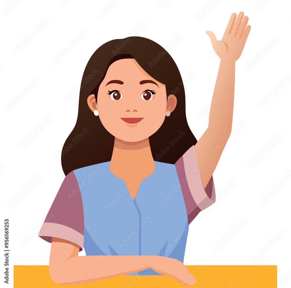 Young woman raising her hand to ask a question Young woman raising her hand to ask a question