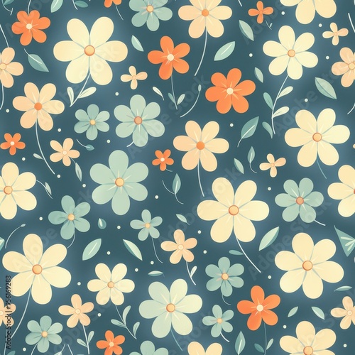 Seamless Pattern of Pastel Flowers on Blue Background