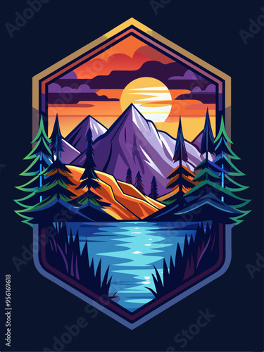 Mountainous Landscape with Sunset Over a Lake