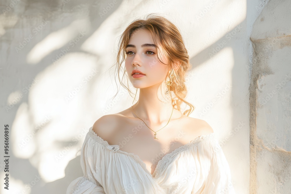 Elegant Armenian Fashion Model in Chic Attire Posing with Soft Sunlight on White Wall Background Elegant Armenian Fashion Model in Chic Attire Posing with Soft Sunlight on White Wall Background