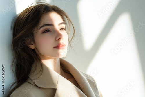 Elegant Armenian Fashion Model in Modern Attire with Soft Sunlight Glow on White Wall Background