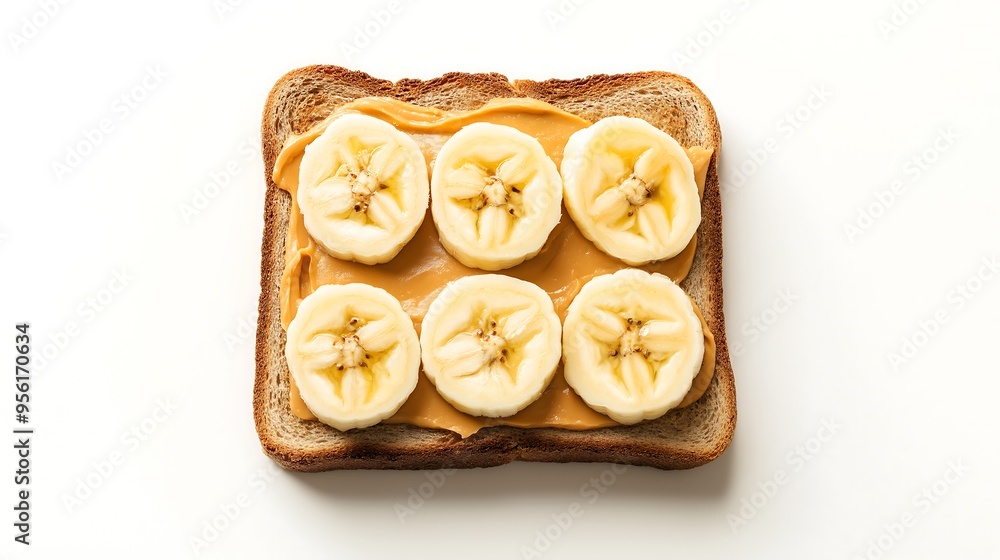 A slice of toast with peanut butter and sliced bananas on top A slice of toast with peanut butter and sliced bananas on top
