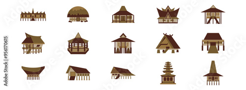 Indonesian Traditional Building flat illustration set. Include of  indonesia ancient, house, vintage, religion, history, ethnic, and more. Vector illustration isolated transparent background
