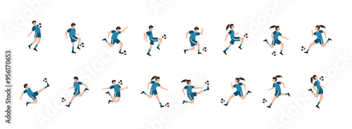 Football Sport Player flat illustration set. Include of player action, football team, kick, and penalty. Vector illustration isolated transparent background