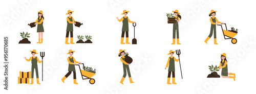 Farmer Character flat illustration set. Include of farmer, agriculture, farming, plant, and harvest. Vector illustration isolated transparent background