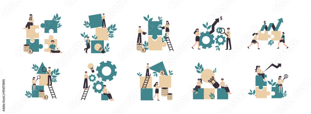 Team Strategy business concept flat illustration set. Include of effective teamwork, business team, brainstorm and project management. Vector illustration isolated transparent background Team Strategy business concept flat illustration set. Include of effective teamwork, business team, brainstorm and project management. Vector illustration isolated transparent background