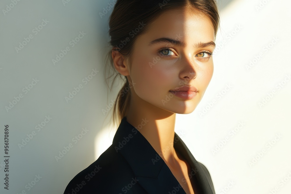 Serene Finnish Fashion Model in Contemporary Wear Against Softly Illuminated White Wall - Close Up Realistic Composite